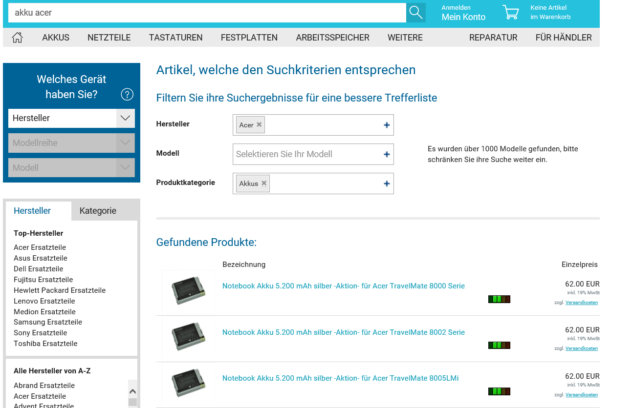 ACER Akku Ersatzteile Finder
