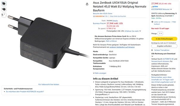 Amazon Produktfälschung Netzteil ASUS 45W