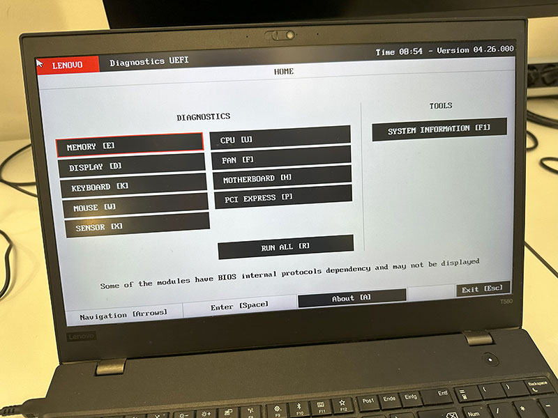 Startbildschirm des Lenovo Diagnostics UEFI am Beispiel eines Lenovo ThinkPad T580