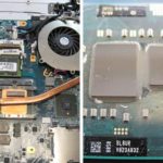 Links: Das geöffnete Vaio mit dem Prozessor bzw. dem darüber befindlichen Kühlkörper in Bildmitte. Rechts: Der ausgebaute Prozessor. Hier war noch ein QP6100 im Einsatz, dieser hatte schon die Technologie vom Core i, allerdings war der Grafikkern bei dieser CPU noch separat (rechts).