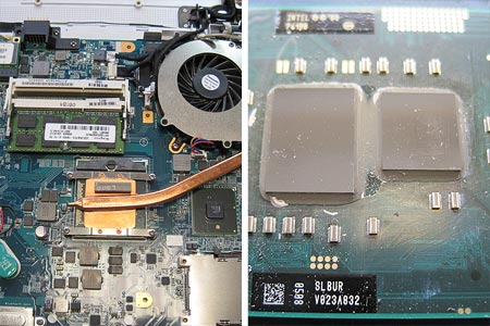 Links: Das geöffnete Vaio mit dem Prozessor bzw. dem darüber befindlichen Kühlkörper in Bildmitte. Rechts: Der ausgebaute Prozessor. Hier war noch ein QP6100 im Einsatz, dieser hatte schon die Technologie vom Core i, allerdings war der Grafikkern bei dieser CPU noch separat (rechts).