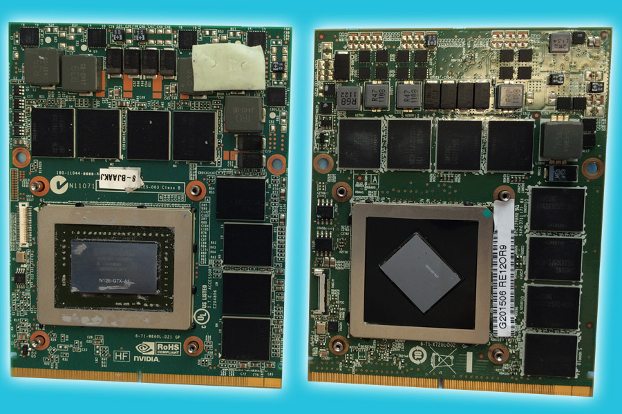 Links die defekte nVidia Grafikkarte, rechts die alternative ATI Grafikkarte.