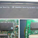 Oben: Die Fehlermeldung nach dem Mainboardtausch. Unten Links: Der BIOS Chip welcher die maßgeblichen Security-Infos enthalten hatte. Unten rechts: Der Security Chip