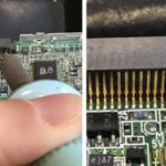 Um die Konfiguration des Laufwerkes fest auf „Master“ einzustellen, muss das Potential des PINS 47 (Device Config.(CSEL)) dauerhaft auf GND gelegt werden (offen=Slave, GND= Master). Praktischerweise befindet sich direkt daneben mit dem PIN 45 einer, der Massepotential aufweist. Wir stellen deshalb per Lötkolben und Lötzinn eine Verbindung zwischen Pin 47 und Pin 45 her.