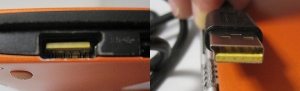 Die Strombuchse des Yoga 3 pro ähnelt von der Form her einer USB-Buchse. Trotz Farbkennzeichnung und der etwas anderen Steckerform droht hier Verwechslungs- und Beschädigungsgefahr.
