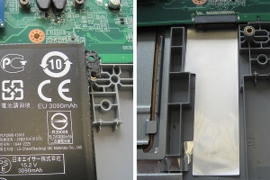 Links: Der Akku verdeckt noch die Sicht. Rechts: Der Steckplatz für eine mSATA SSD mit Formfaktor M.2 2280 ist nach dem Ausbau des Akkus sichtbar.