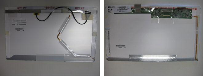 Notebook Display Reparatur: Links das exotische Panasonic Display und rechts das Standard BOE Display. Die Anschlüsse machen den Unterschied.