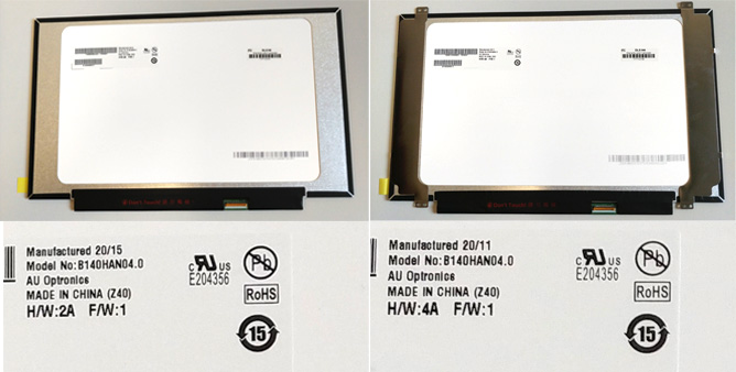 Im Bild zu sehen: Zwei Notebook-Displays mit der gleichen Model No. des Display-Produzenten. Die Bauformen sind aber unterschiedlich, das Display links ist ohne, das Display rechts mit Brackets ausgestattet.