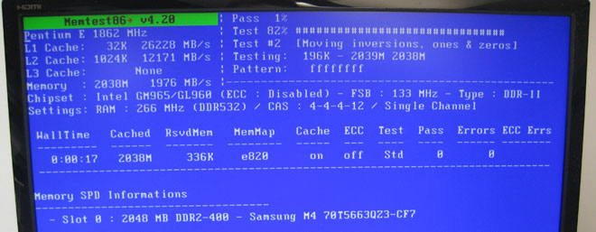 Ergebnis des Memorytests mit 1 x 2GB Modul: Einzeln haben beide Notebook RAM Erweiterungsmodule jeweils funktioniert.