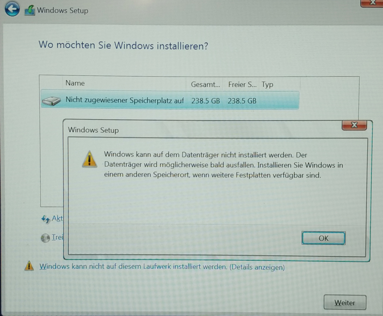 Notebook SSD Festplatte defekt: Der Installationsversuch von Win 10 wird abgelehnt.