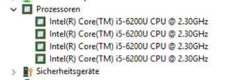 Beispiel Screenshot vom Gerätemanager eines anderen Notebooks: Glück gehabt, denn hier ist eine Intel i5-Quadcore-CPU der sechsten Generation (i5-6xxxx) verbaut.