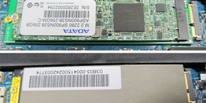 Unten: Original SSD. Oben: Die neue SSD mit der darunter liegenden Adapterplatine.