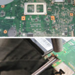 Das Notebook ist geöffnet und das Mainboard zugänglich. Oben links sieht man die gebrochene Strombuchse (rot gekennzeichnet). Unten: Nach dem entlöten der defekten Strombuchse wird auch noch der noch in der Platine verbleibende Rest des gebrochenen Pins per Heißluft entlötet.