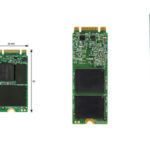 Verschiedene Bauformen von M.2-SSD Festplatten. Links: M.2 2242, Mitte:M.2 2260, Rechts: M.2 2280.