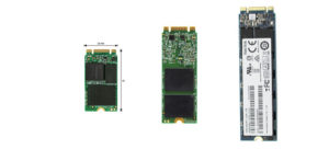 Verschiedene Bauformen von M.2-SSD Festplatten. Links: M.2 2242, Mitte:M.2 2260, Rechts: M.2 2280.
