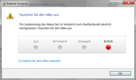 Nervig und überdies auch unkorrekt. Fehlermeldung: „Die Ladeleistung des Akkus hat im Vergleich zum Kaufzeitpunkt deutlich nachgelassen. Tauschen Sie den Akku aus“