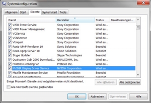 Zunächst wurde per msconfig (Systemkonfiguration) nacheinander unter Dienste und Systemstart alles deaktiviert was als Sony-Tool zu erkennen war. Doch das brachte noch keine Lösung des Problems.